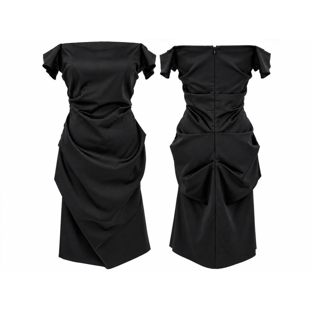 Betsy & Adam Draped Cocktail Dress Black Off Shoulder Ruched Pleated Sheath 10